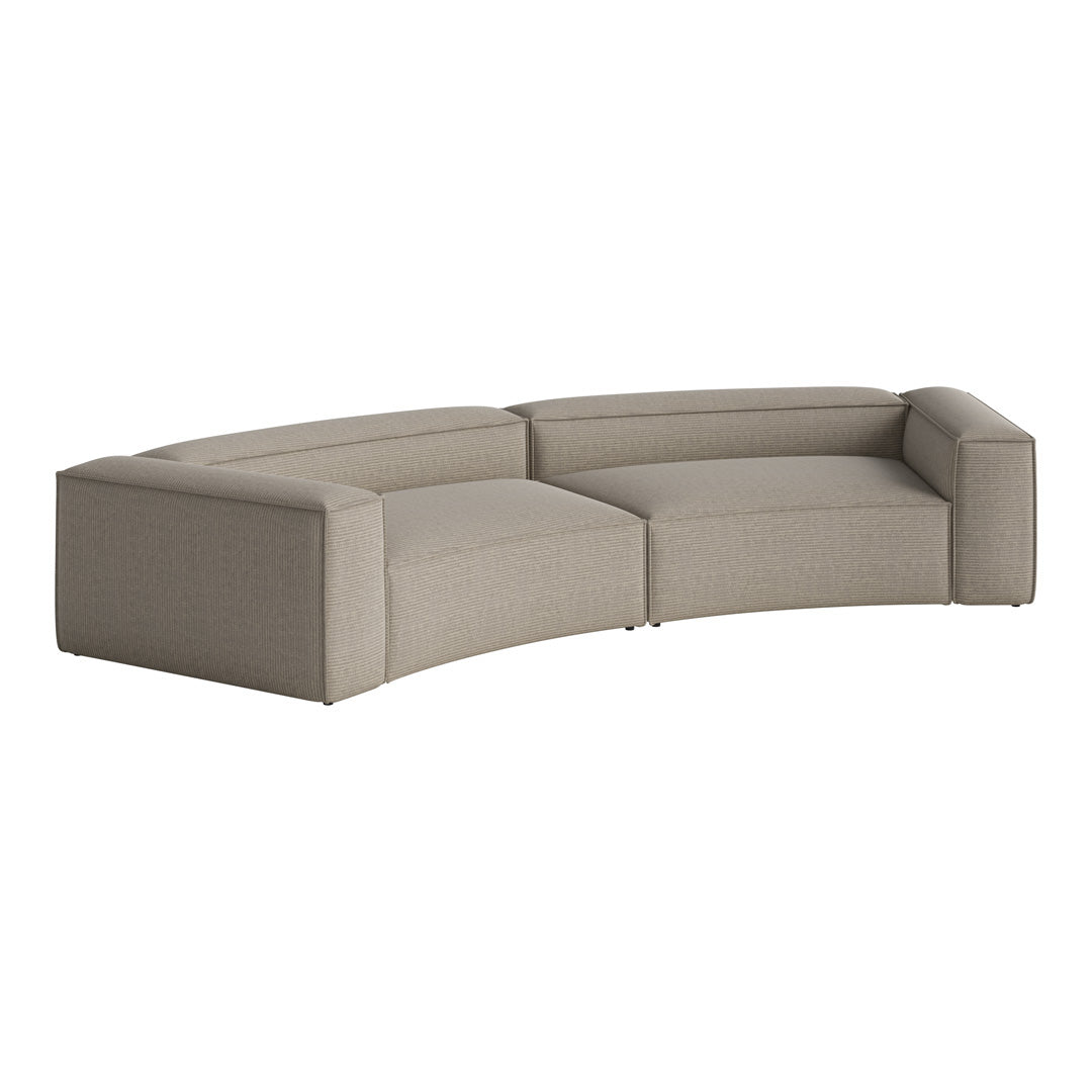Curved sectional sofa in light taupe upholstery with subtle textured patterns for modern decor.
