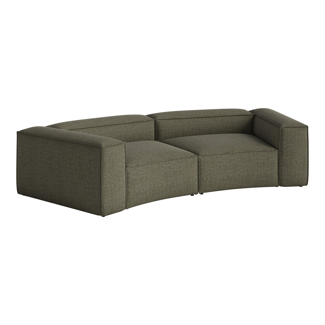 Curved olive green sofa with a textured striped pattern, perfect for modern living spaces.