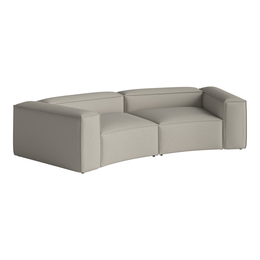 Curved modern sofa in soft gray upholstery with a subtle textured pattern, perfect for contemporary spaces.