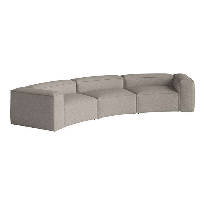 Curved sectional sofa in light gray fabric with a smooth, modern design and minimalistic lines.