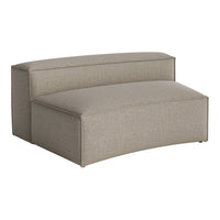 Beige upholstered curved bench with subtle textured stripes for a contemporary style. Ideal for modern living spaces.