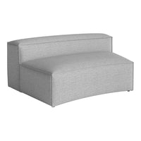 Gray upholstered curved loveseat with a textured fabric pattern, offering a sleek and modern design.
