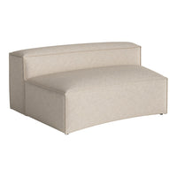 Beige upholstered sofa with a smooth, subtle textured pattern and curved design. Ideal for modern home décor.