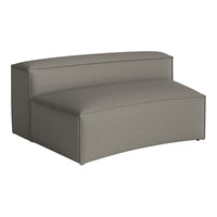Gray upholstered sectional with a smooth fabric texture, featuring a sleek, modern design.