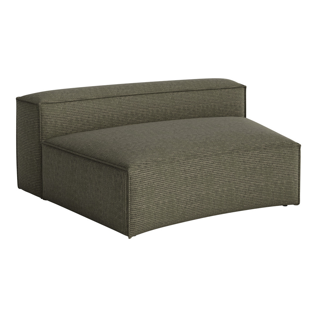 Olive green fabric ottoman with a subtle ribbed pattern, perfect for modern decor. Stylish and versatile seating option.