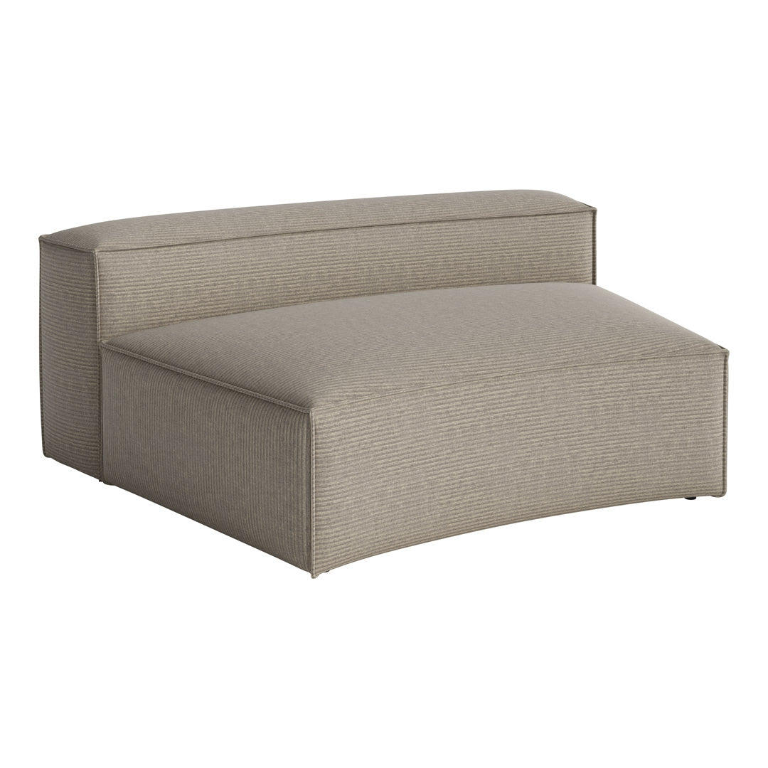 Beige curved sofa with a subtle striped pattern, perfect for a modern living space.