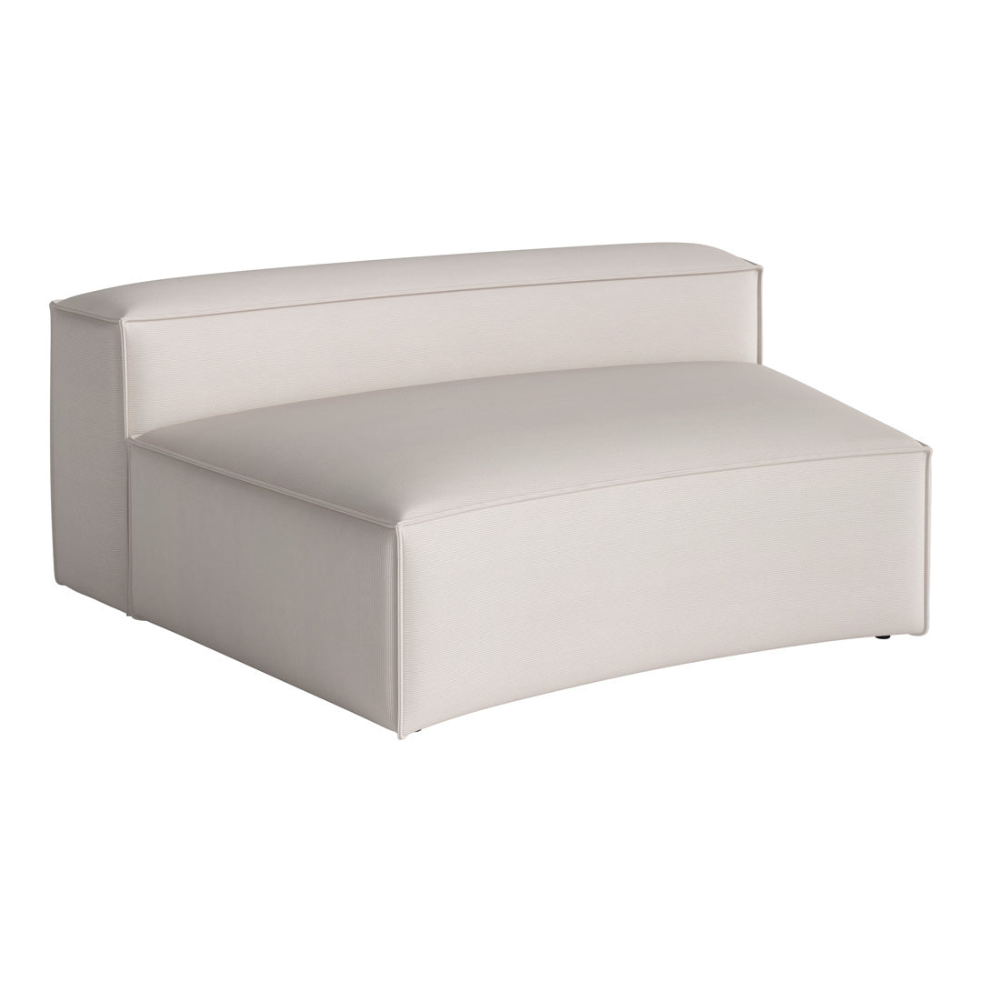 Curved upholstery chair in soft beige fabric, featuring a minimalist design and subtle textured pattern.