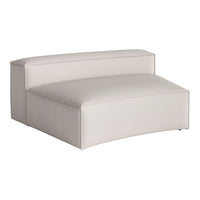 Curved upholstery chair in soft beige fabric, featuring a minimalist design and subtle textured pattern.