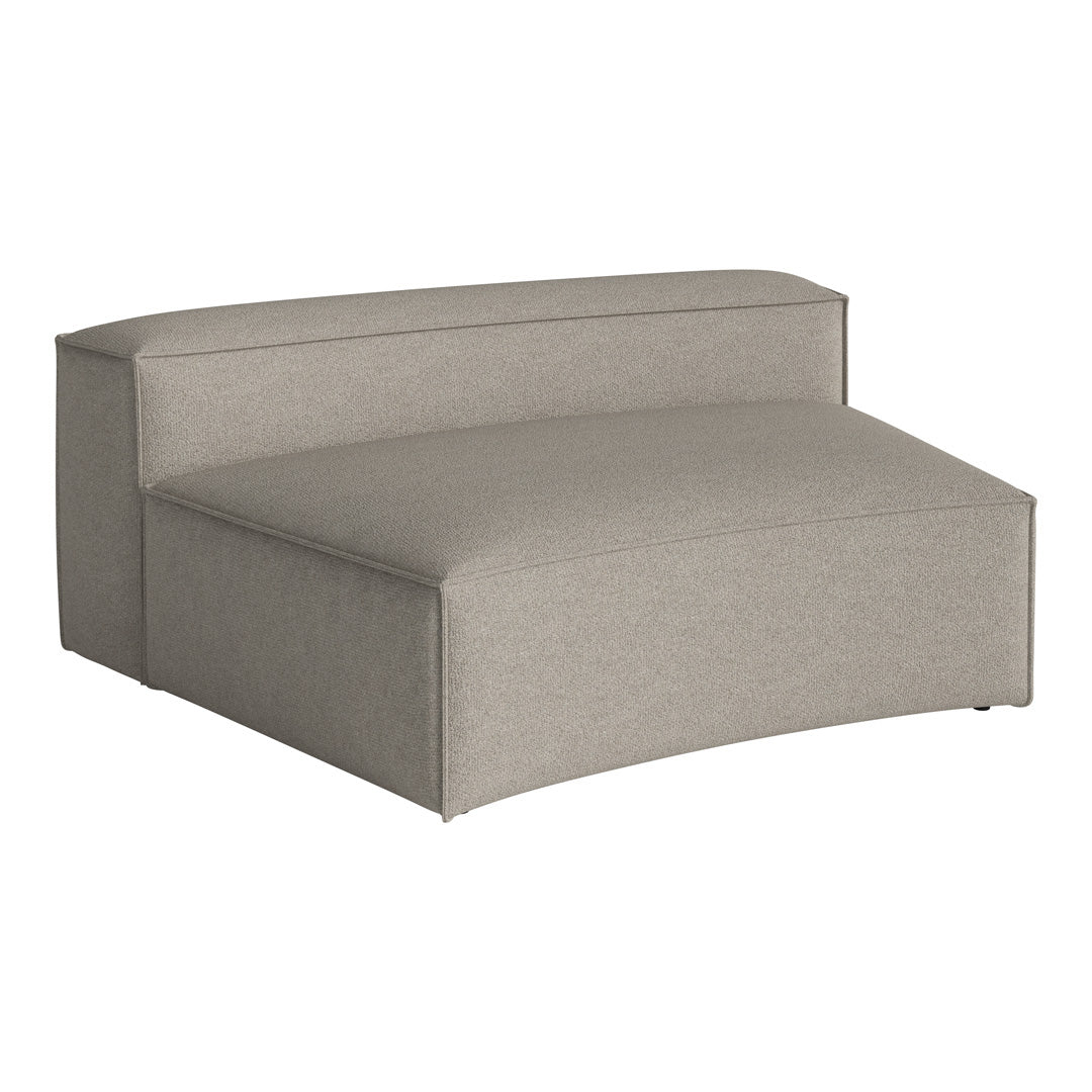 Curved modular loveseat in soft gray fabric, featuring a smooth, textured pattern for modern decor.