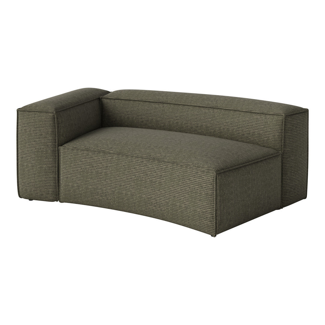 Olive green curved sofa with subtle textured stripe pattern, perfect for modern living spaces.