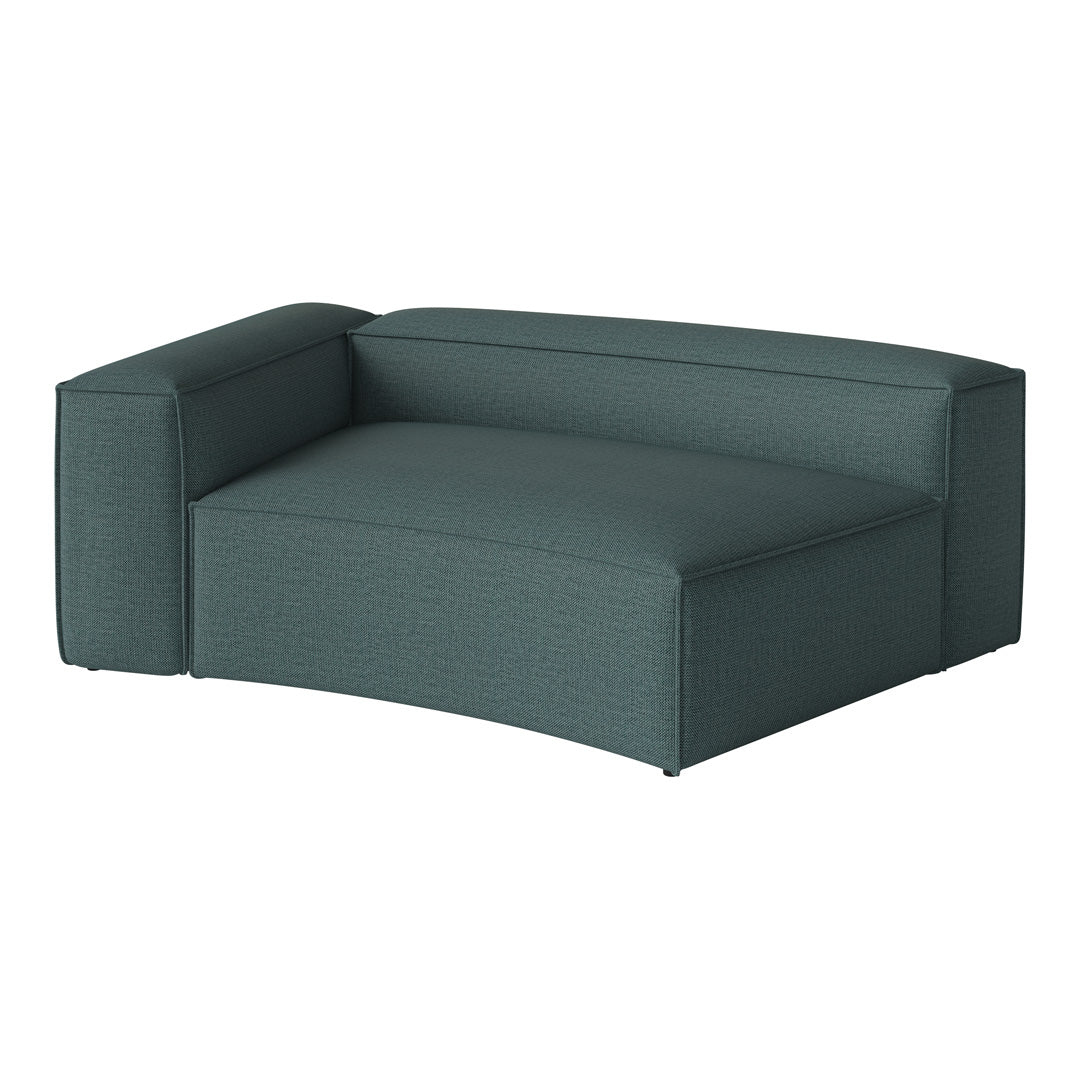 Teal curved sofa with a textured, woven pattern and clean lines for a modern look. Ideal for contemporary spaces.