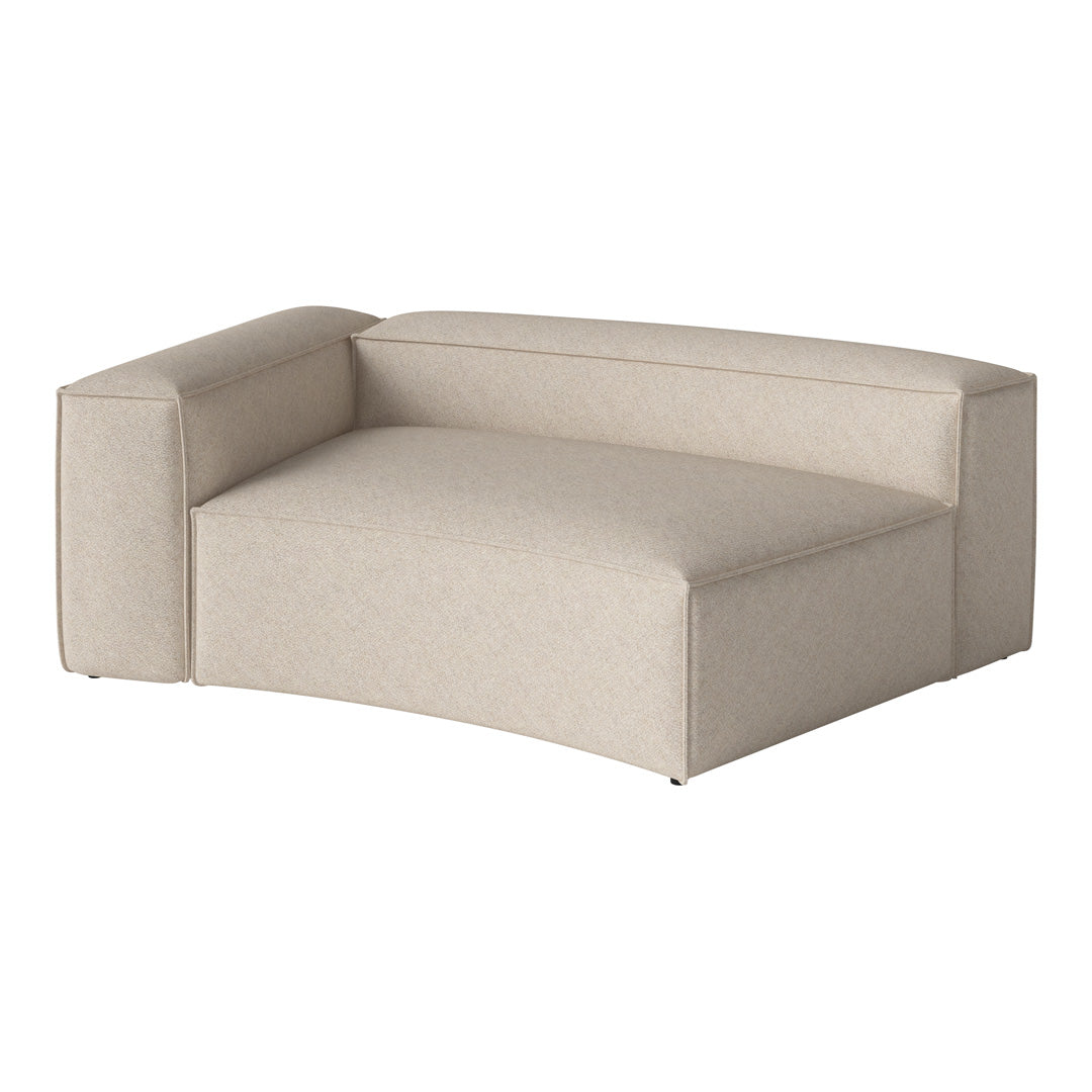 Beige curved sofa with a textured pattern, featuring minimalist design and soft, neutral tones. Perfect for modern decor.