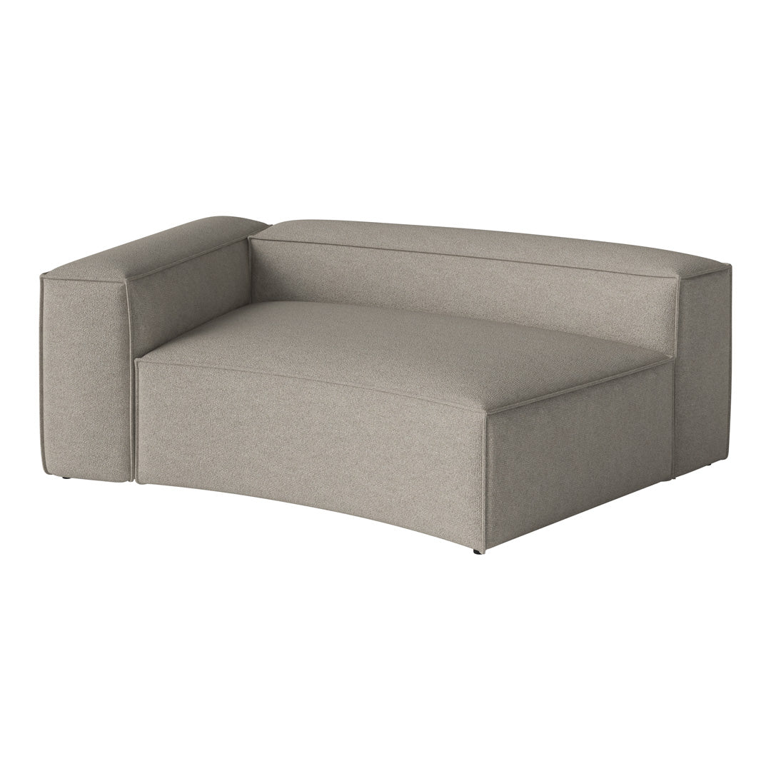Gray upholstered sectional sofa with a minimalist design, featuring soft, textured fabric and clean lines.