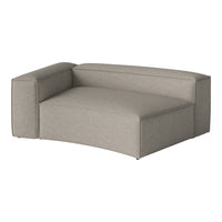 Gray upholstered sectional sofa with a minimalist design, featuring soft, textured fabric and clean lines.