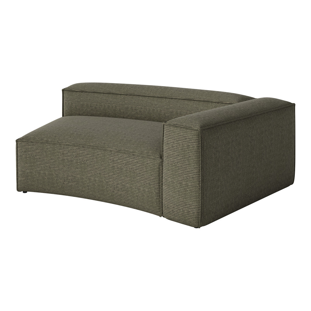 Green striped fabric corner sofa with a modern, curved design and thick upholstery. Perfect for stylish living spaces.