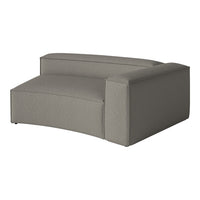 Gray modular sofa with a textured, woven pattern and curved design for modern aesthetics.