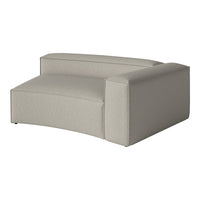 Sleek curved loveseat in soft beige fabric with subtle woven texture. Perfect for modern and cozy interiors.