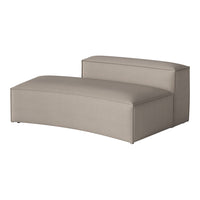 Modern curved sofa in soft taupe fabric with a smooth texture and minimalist design. Perfect for contemporary spaces.