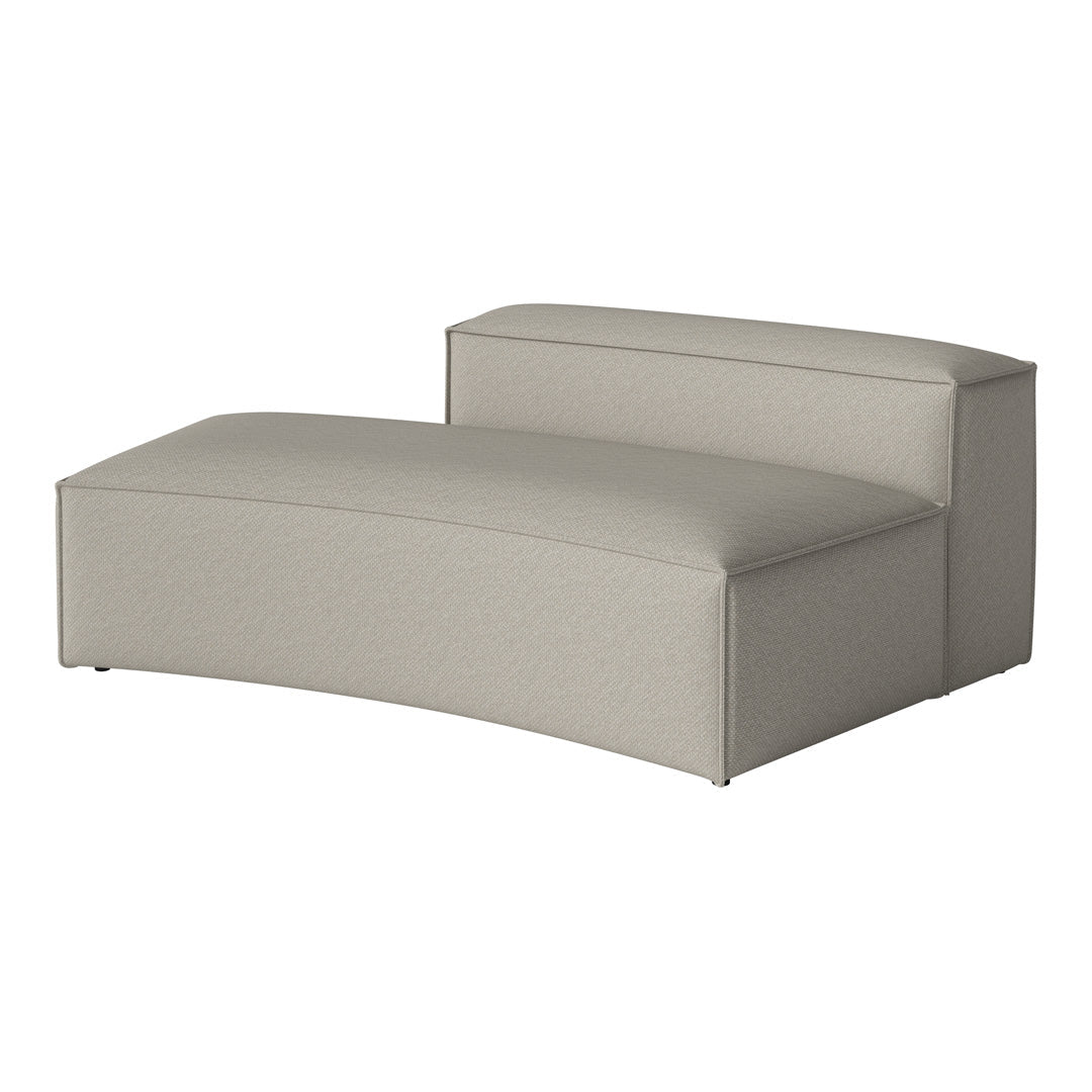 "Curved lounge seat in soft gray fabric with a subtle textured pattern for a modern aesthetic."