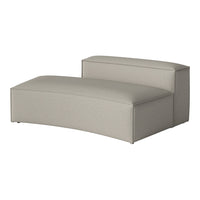 "Curved lounge seat in soft gray fabric with a subtle textured pattern for a modern aesthetic."