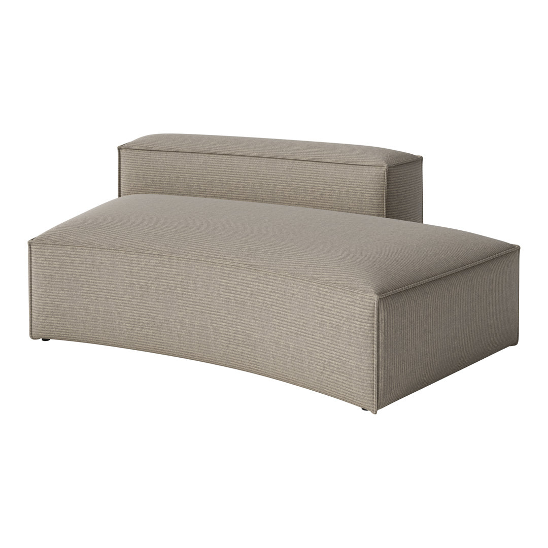 Curved lounge chair in soft beige fabric with subtle vertical stripes, perfect for modern interiors.