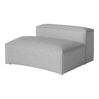 Gray upholstered ottoman with a smooth, textured pattern, featuring a minimalist design. Perfect for modern decor.