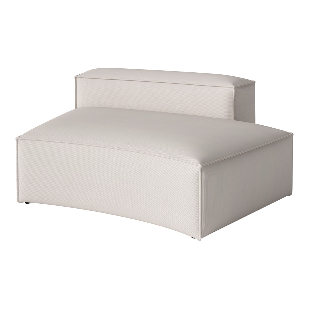 Light beige curved ottoman with a smooth, textured fabric and minimalist design. Ideal for modern decor.
