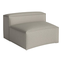 Light beige upholstered ottoman with a textured pattern and clean, modern lines. Perfect for contemporary decor.