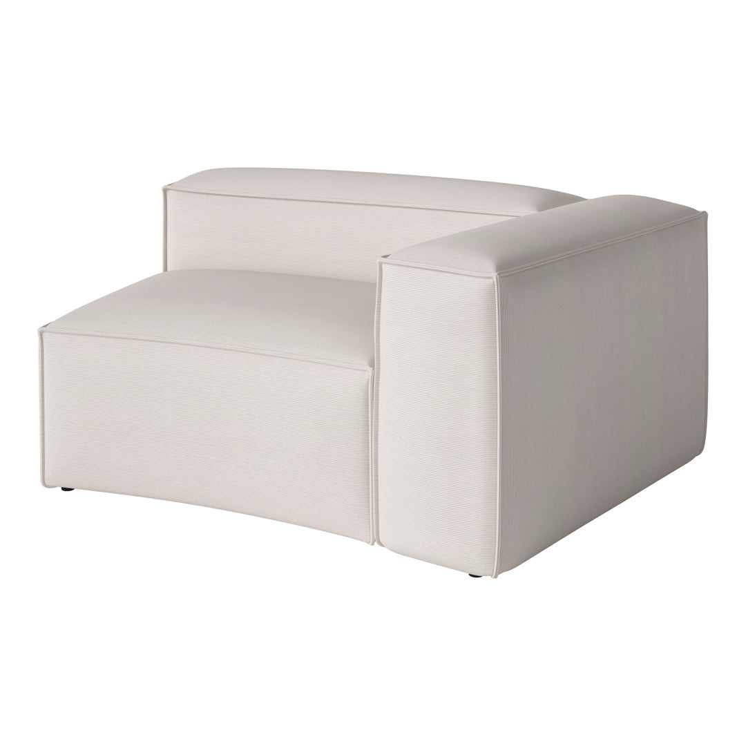 Beige curved armchair with a smooth texture, featuring subtle striped patterns for a modern look.