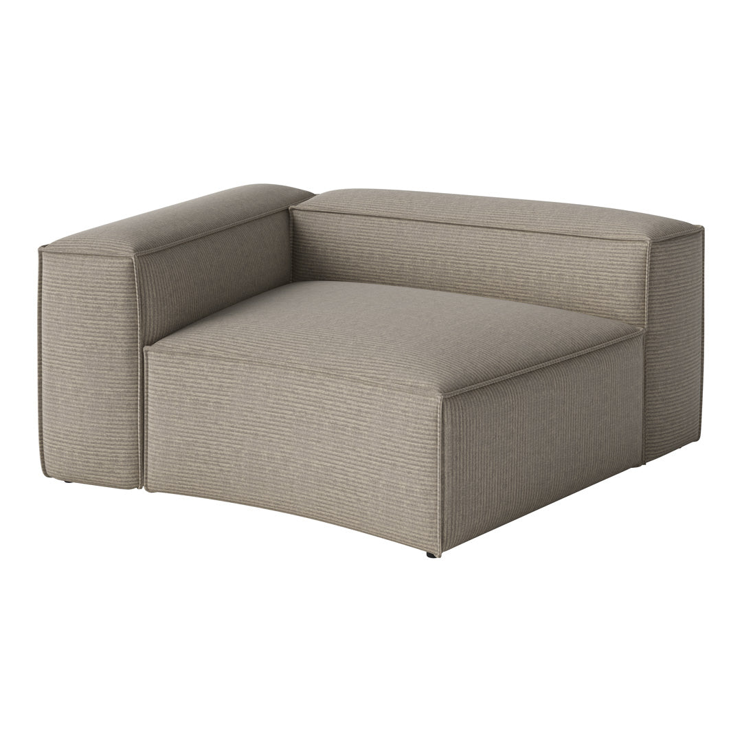 Beige upholstered sectional chair with a subtle striped texture for a modern aesthetic.