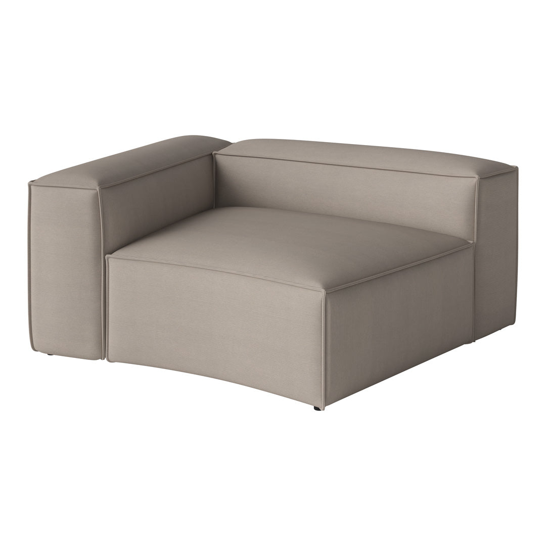 Beige curved armchair with a textured fabric, featuring clean lines and a minimalist design. Ideal for modern decor.