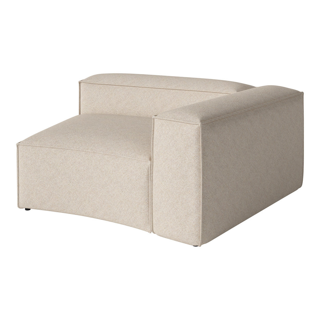 Beige upholstered corner chair with a soft, textured fabric and minimalist design. Ideal for modern interiors.