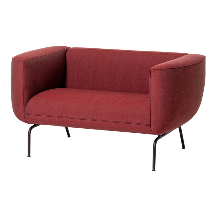Stylish two-seater sofa in deep burgundy fabric with a smooth texture and minimalist black legs. Perfect for modern decor.