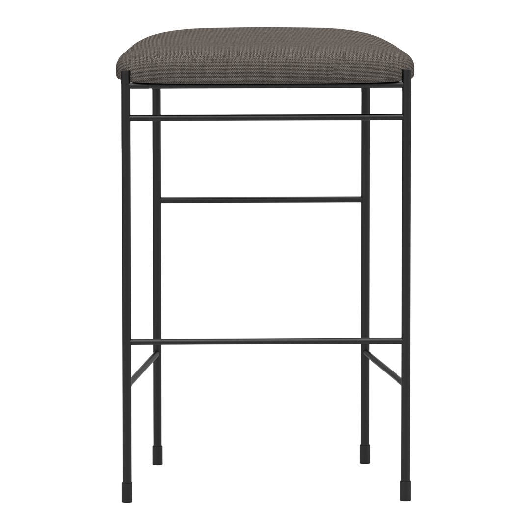 Gray upholstered stool with a sleek black metal frame, featuring a minimalist design. Ideal for modern interiors.