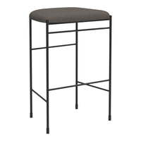 "Modern black barstool with a sleek gray upholstered seat, featuring minimalistic design and clean lines."