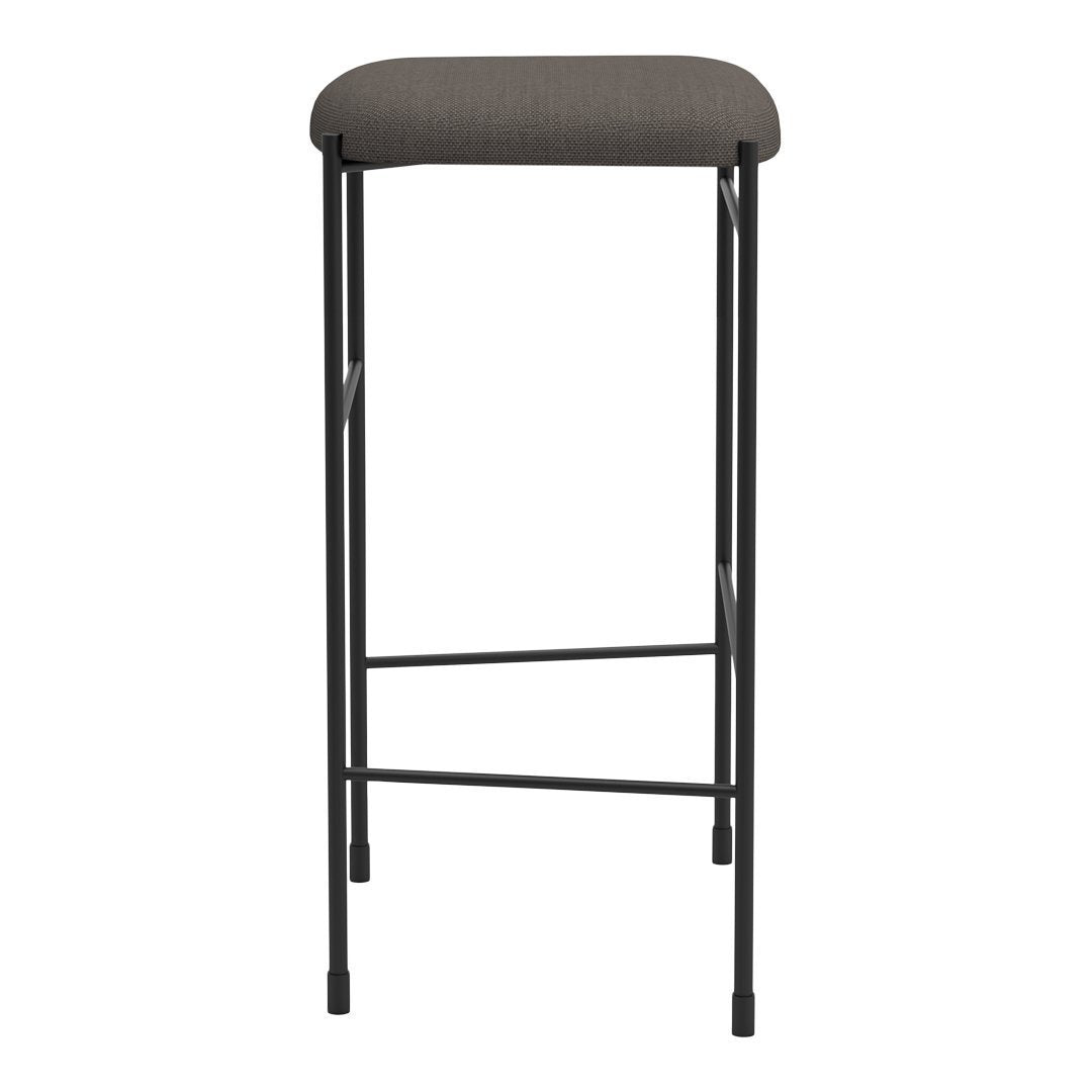 Gray upholstered bar stool with a sleek black metal frame, offering a modern and minimalist design.