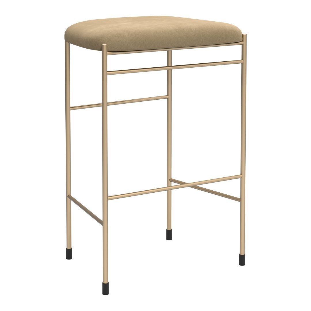 Gold metal framed bar stool with a beige upholstered seat, featuring a smooth, minimalist design.