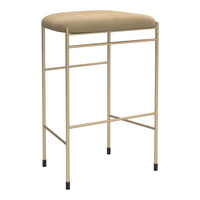 Gold metal framed bar stool with a beige upholstered seat, featuring a smooth, minimalist design.