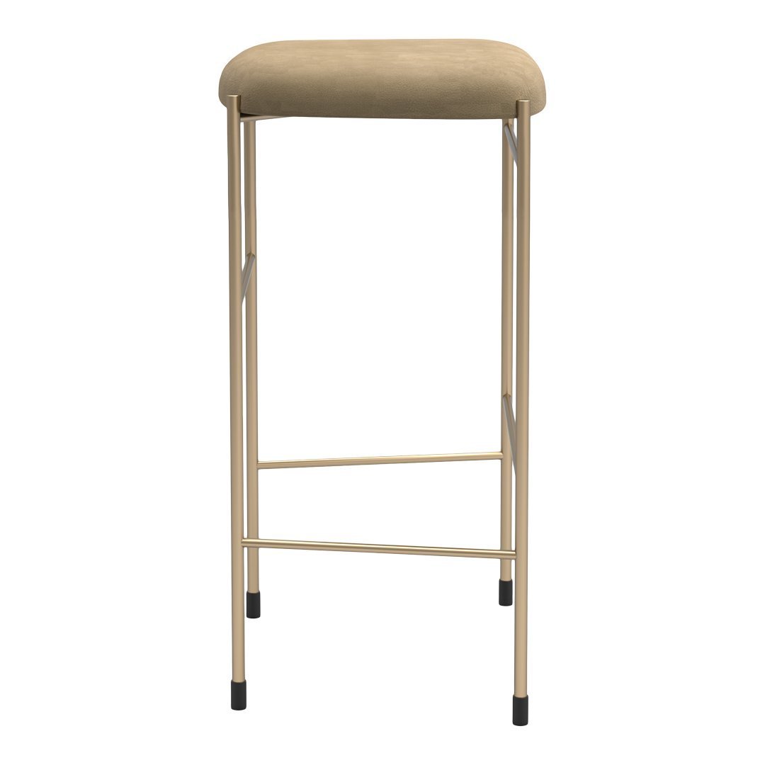 Beige cushioned stool with a sleek gold frame and black feet. Modern minimalist design. Perfect for any decor.