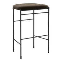 Brown upholstered bar stool with a sleek black metal frame and minimalistic design. Perfect for modern spaces.