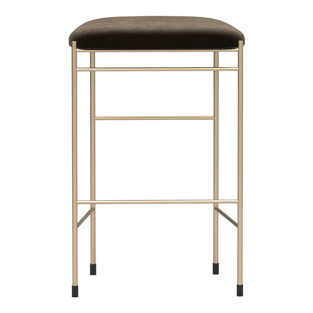 Bronze upholstered barstool with gold metal frame and minimalist design. Perfect for modern decor.