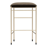 Bronze upholstered barstool with gold metal frame and minimalist design. Perfect for modern decor.