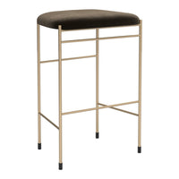 Gold metal frame bar stool with a brown upholstered seat, featuring a sleek, modern design and minimalist style.