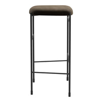 Brown padded bar stool with a sleek black metal frame, perfect for modern or rustic decor.