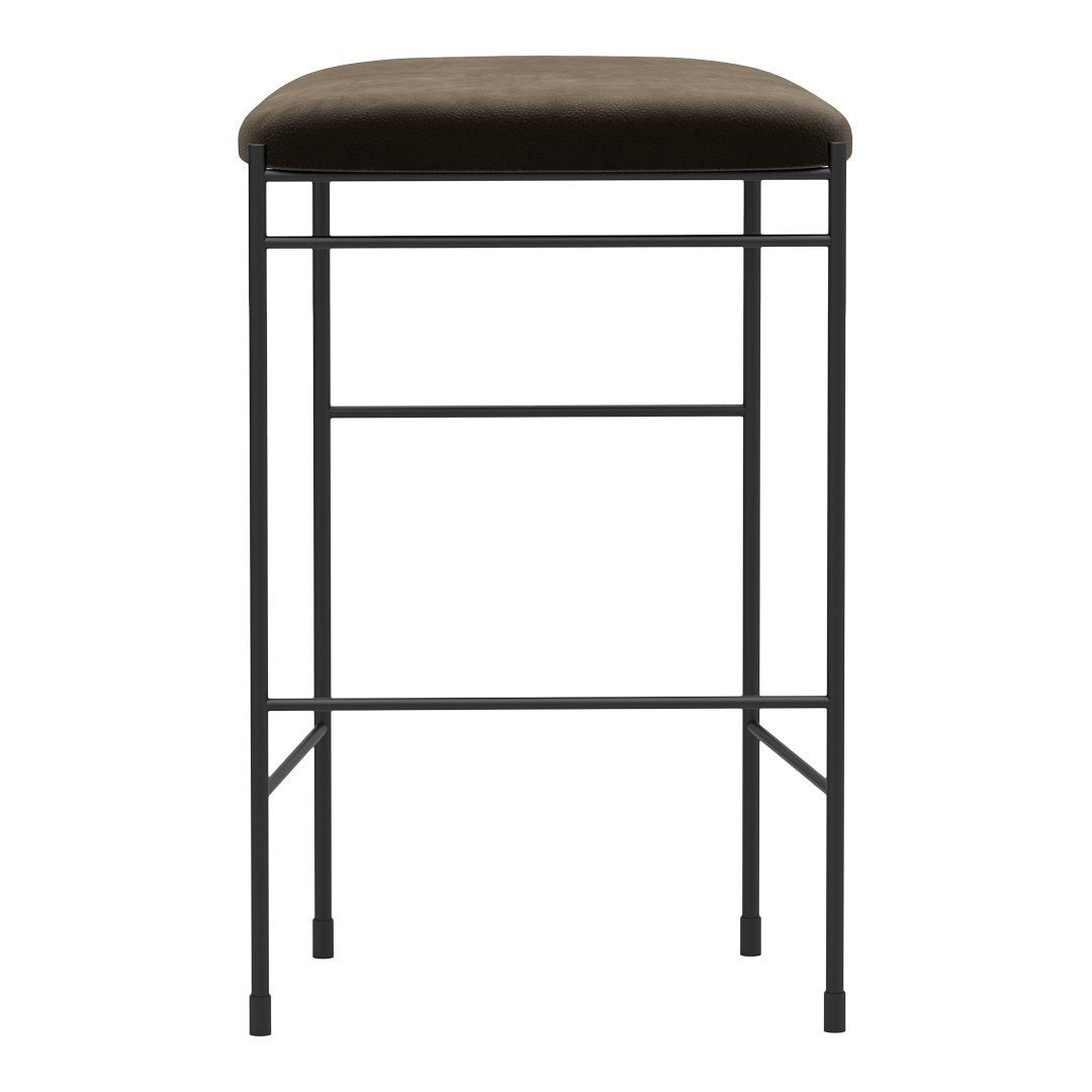 Brown upholstered bar stool with a sleek black metal frame. Minimalist design enhances modern decor.