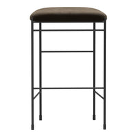 Brown upholstered bar stool with a sleek black metal frame. Minimalist design enhances modern decor.