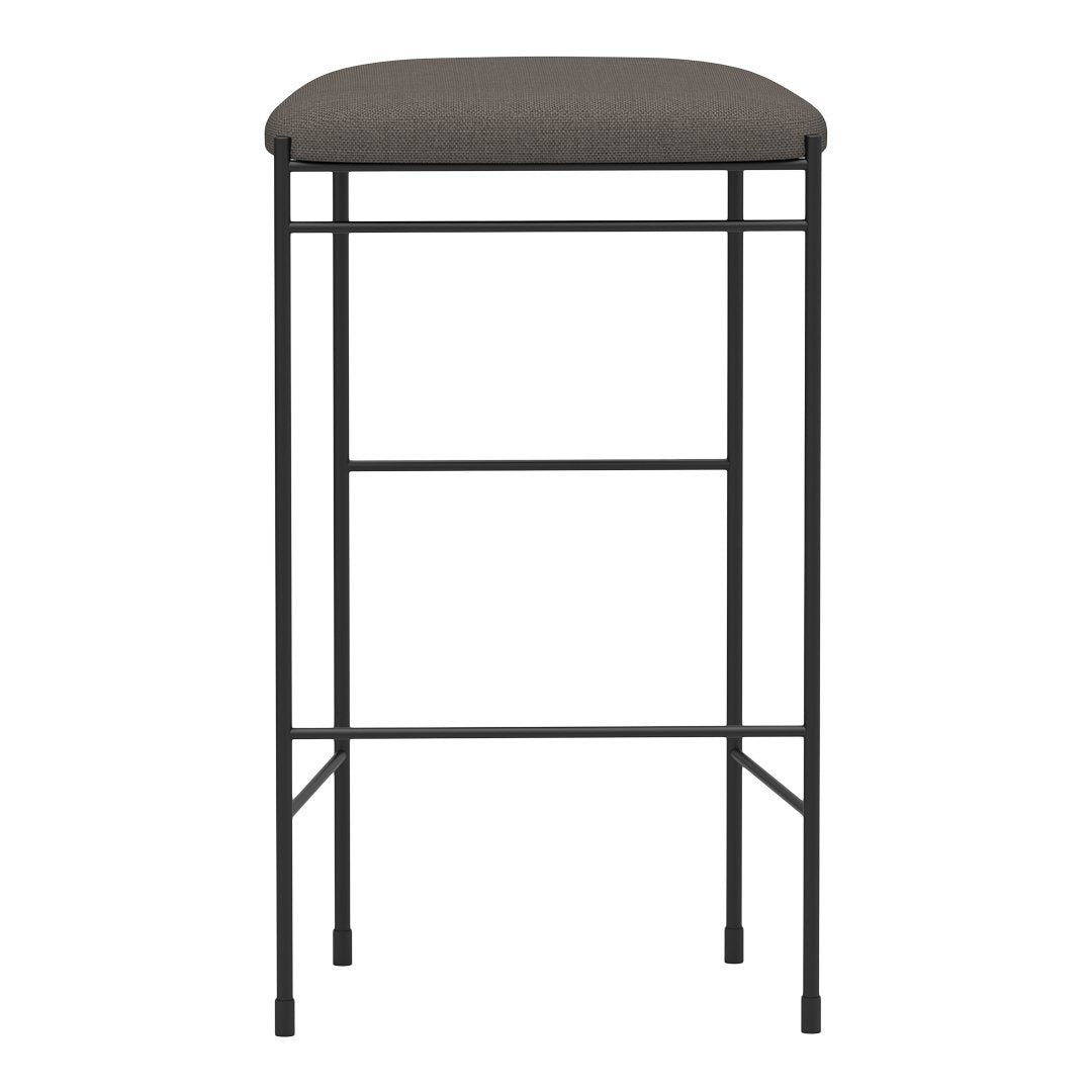 Brown upholstered bar stool with a sleek black metal frame and minimalist design. Perfect for modern decor.