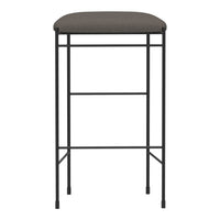 Brown upholstered bar stool with a sleek black metal frame and minimalist design. Perfect for modern decor.