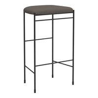 Black metal bar stool with a simple, solid dark gray cushioned seat. Minimalist design and sleek lines.