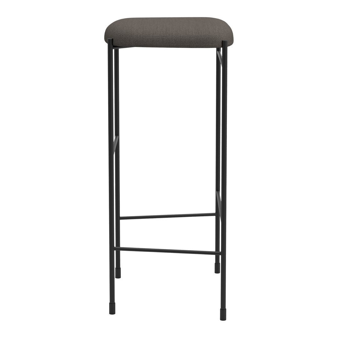 Gray upholstered bar stool with a sleek black metal frame, featuring a minimalist design and no intricate patterns.
